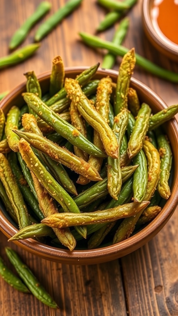 A bowl of crispy air-fried dried green beans on a wooden table with a dipping sauce.